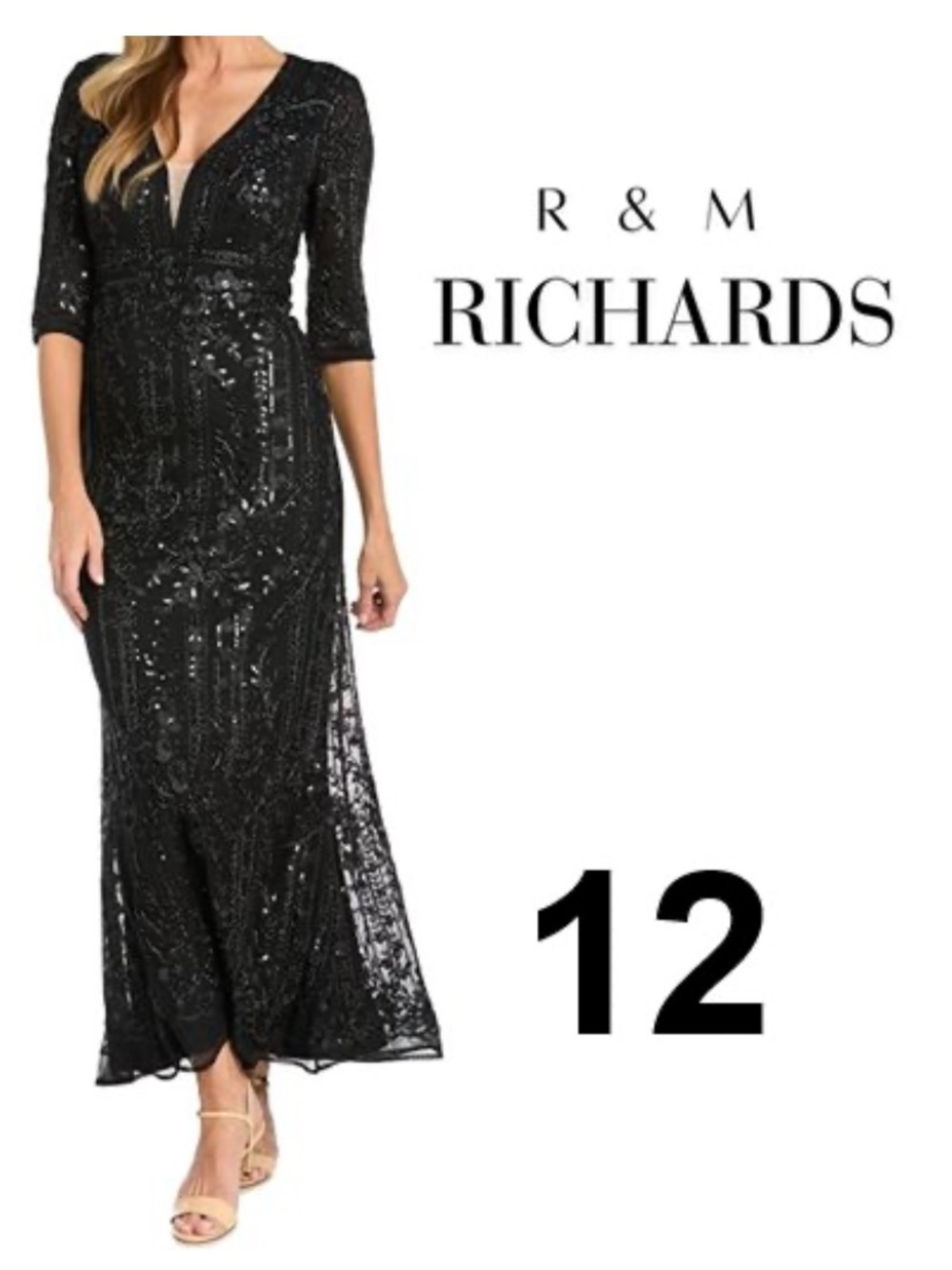 R&M Richards Black Sequin V-Neck Long Sleeve Gown Brand new - Picture 2 of 9